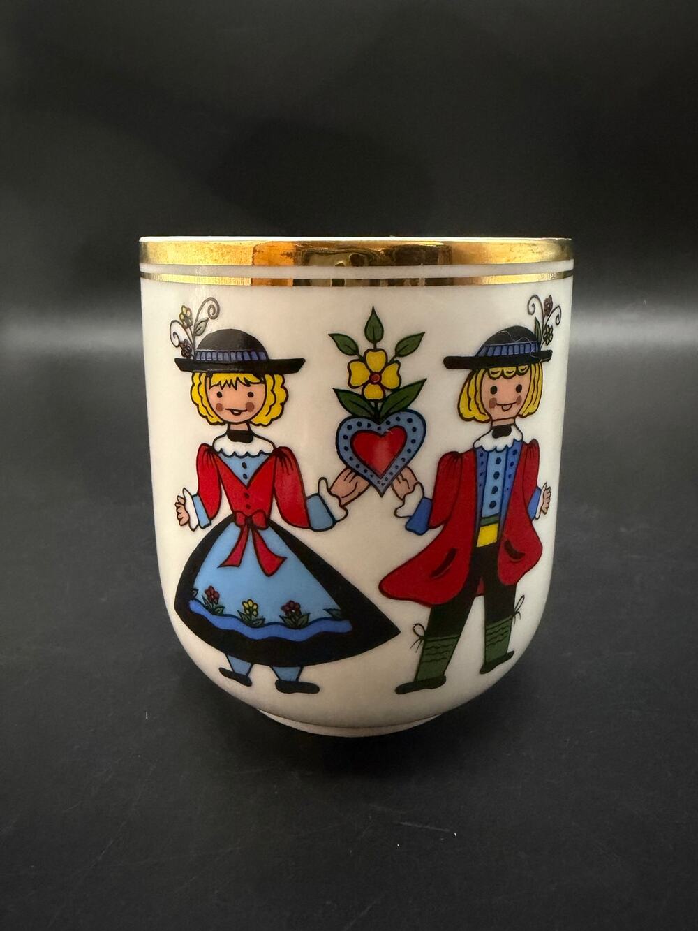 Vintage Schlogl Vienna Austria Folk Art Boy Girl Gold Rim Porcelain Cup Mug